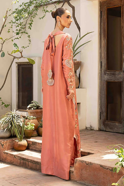Aneeka Ruknuddin Peach embellished raw silk kaftan ANEEJUL26D148976