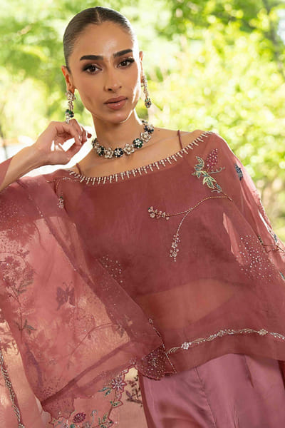 Aneeka Ruknuddin Rose pink floral embroidered cape set ANEEJUL26D148978