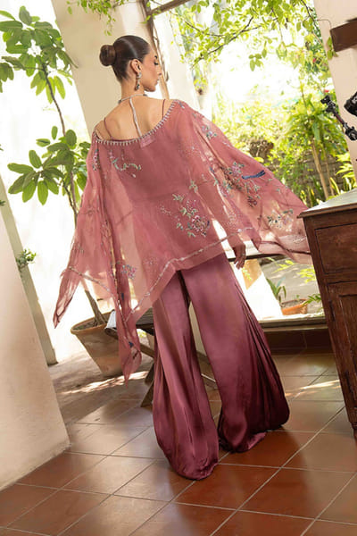 Aneeka Ruknuddin Rose pink floral embroidered cape set ANEEJUL26D148978