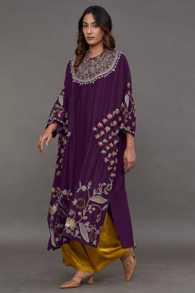 Purple and yellow embroidered kurta set