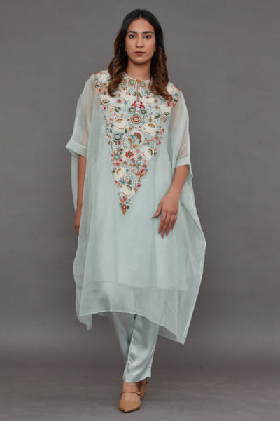 Mint embroidered organza kaftan set