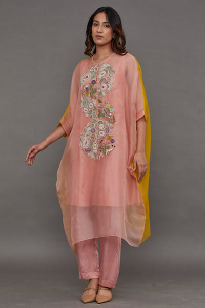 Peach and yellow embroidered kaftan set