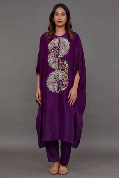 Purple embroidered silk kurta set