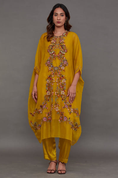 Mustard embroidered kaftan set