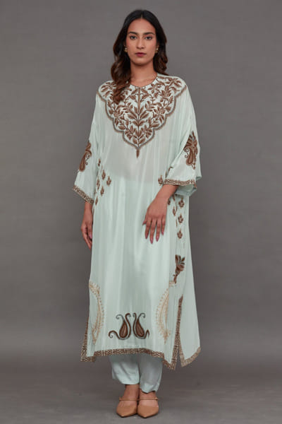 Mint embroidered silk kurta set