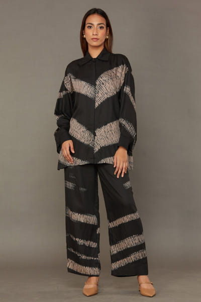 Black shibori dyed vegan silk top and pant set