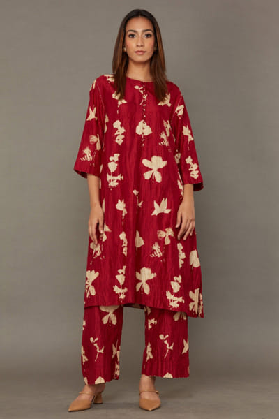Crimson floral printed kurta and pant set