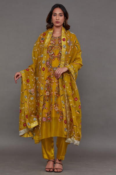 Mustard embroidered organza dupatta