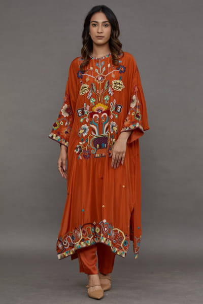 Rust orange embroidered kurta set