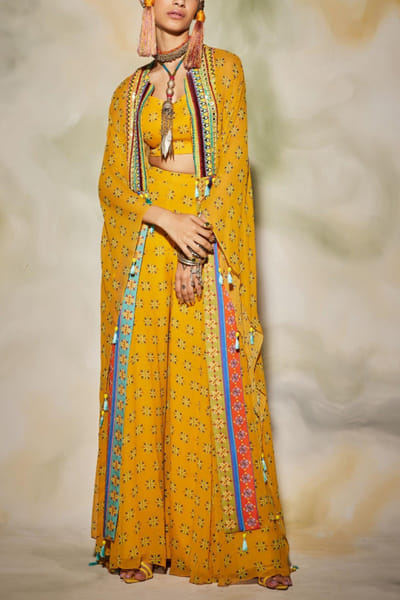 Yellow printed kaftan jacket and sharara set