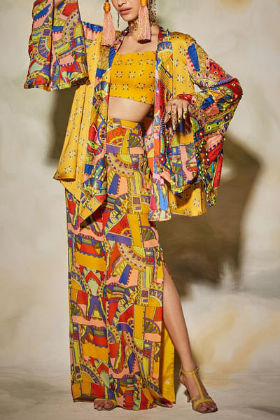 Yellow printed kimono and pants set