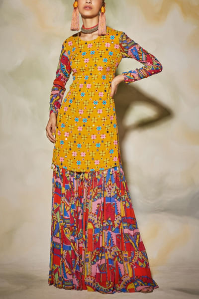 Yellow printed kurta and sharara set
