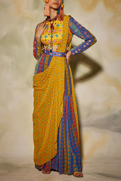 Yellow printed gharara sari set