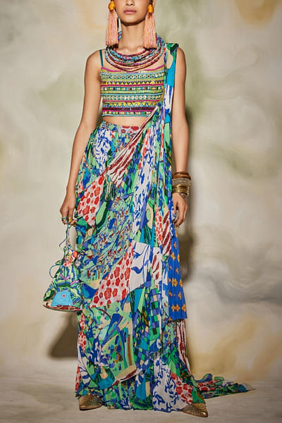 Teal printed pant sari set