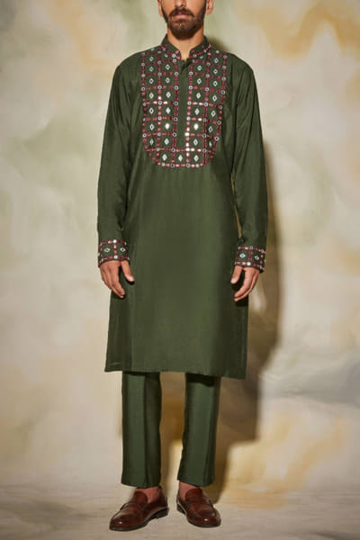 DiyaRajvvir Olive green embroidered kurta set DIYAKMEN2216