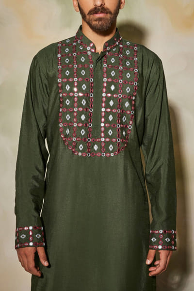 DiyaRajvvir Olive green embroidered kurta set DIYAKMEN2216