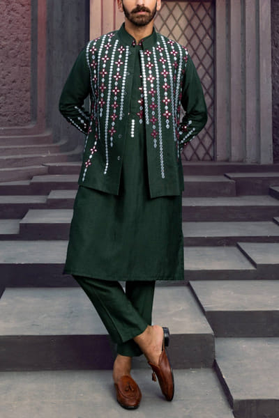 DiyaRajvvir Olive green embroidered kurta and bandi set DIYAKMEN2217