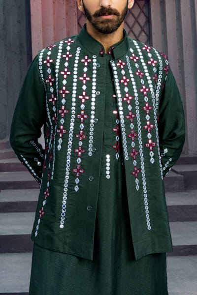 DiyaRajvvir Olive green embroidered kurta and bandi set DIYAKMEN2217