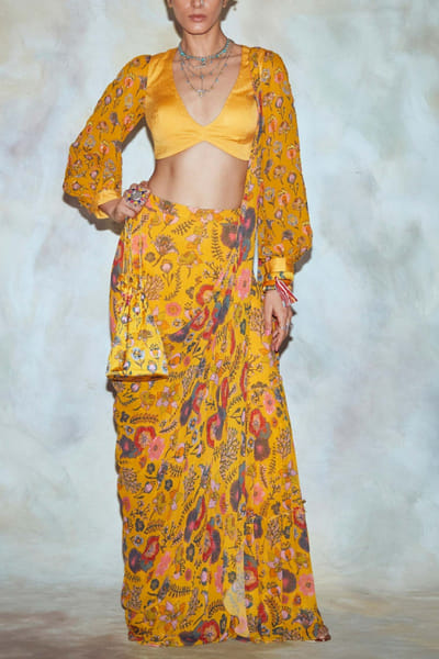 Yellow printed gharara sari set