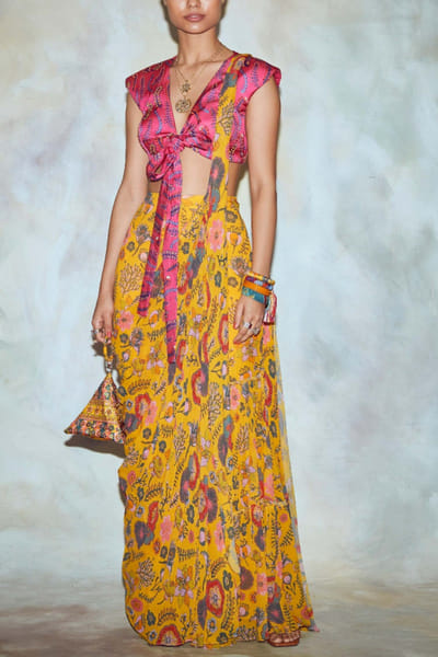 Yellow printed gharara sari set