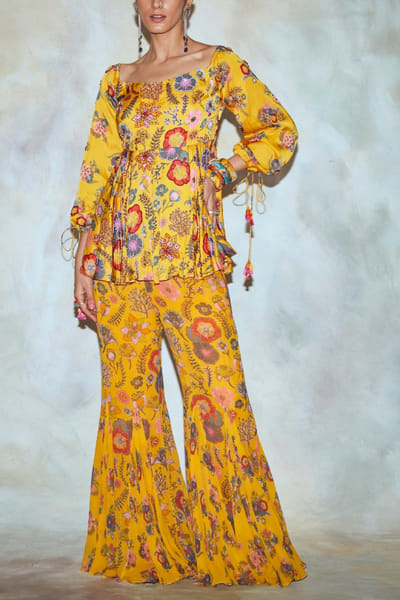 DiyaRajvvir Yellow printed peplum and godet pants DIYAPR2215