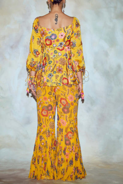 DiyaRajvvir Yellow printed peplum and godet pants DIYAPR2215