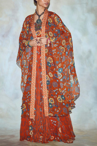 DiyaRajvvir Rust printed kaftan and skirt set DIYAPR2220