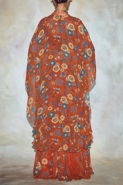 DiyaRajvvir Rust printed kaftan and skirt set DIYAPR2220