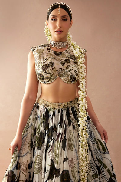 White and green leaf printed lehenga set