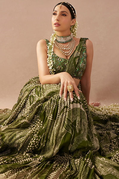 Sage green printed tiered drape skirt sari set