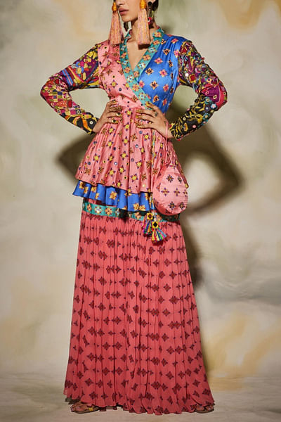 Pink and blue printed peplum and gharara set