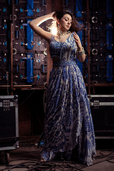 Blue floral printed sharara sari set