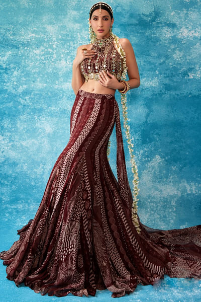 Maroon print pre-draped mermaid skirt sari set