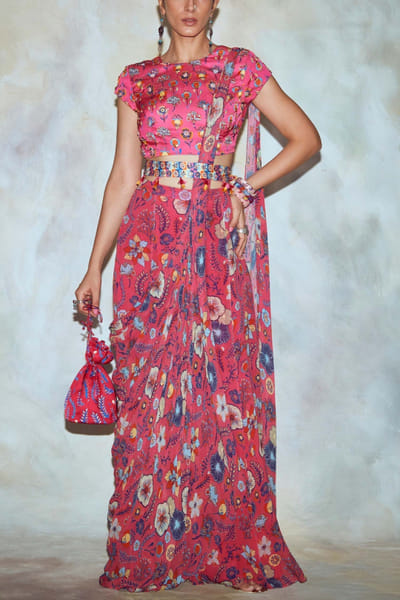 DiyaRajvvir Fuchsia pink floral sharara sari set DIYMAY2202