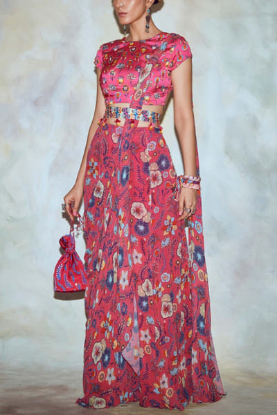 DiyaRajvvir Fuchsia pink floral sharara sari set DIYMAY2202