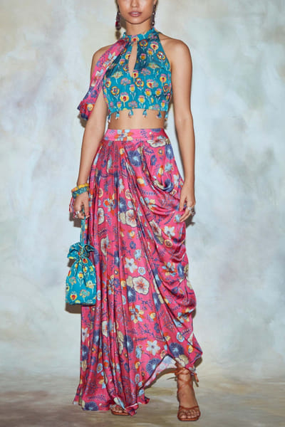 Teal blue printed dhoti skirt set