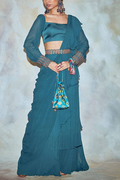 Teal blue ruffle sari set