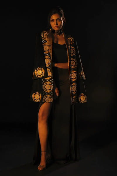 Duchess Kumari Black-antique gold embroidered long jacket set DUCHAUG26D152441