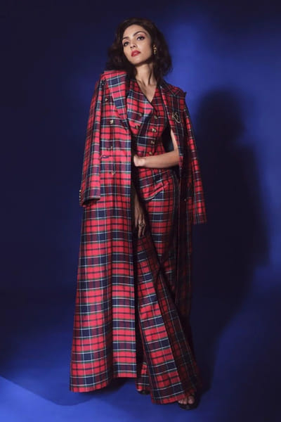 Duchess Kumari Red-navy blue embroidered checks jacket set DUCHAUG26D152444