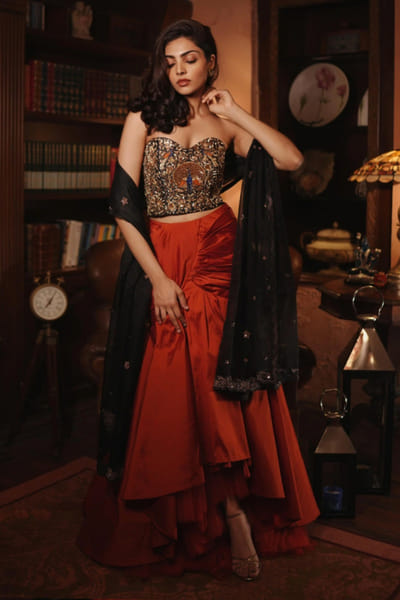 Duchess Kumari Navy blue-orange embroidered draped skirt set DUCHAUG26D152445