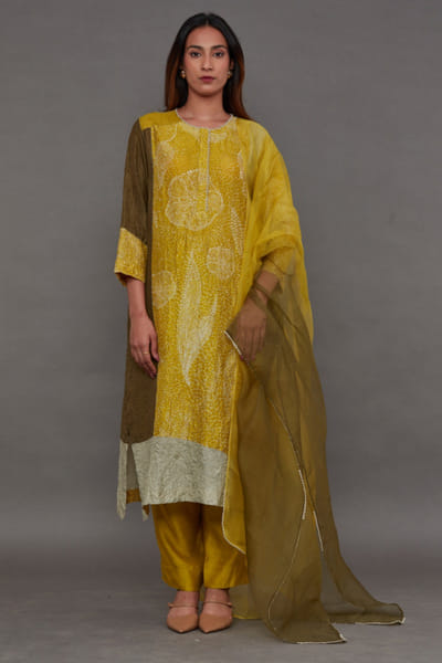 Green yellow silk kurta set