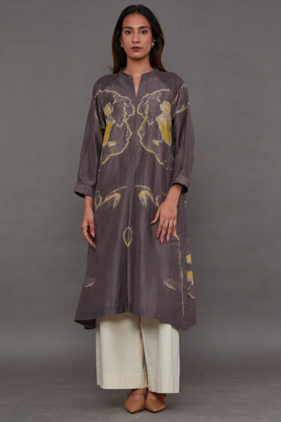 Grey yellow smocked silk kurta