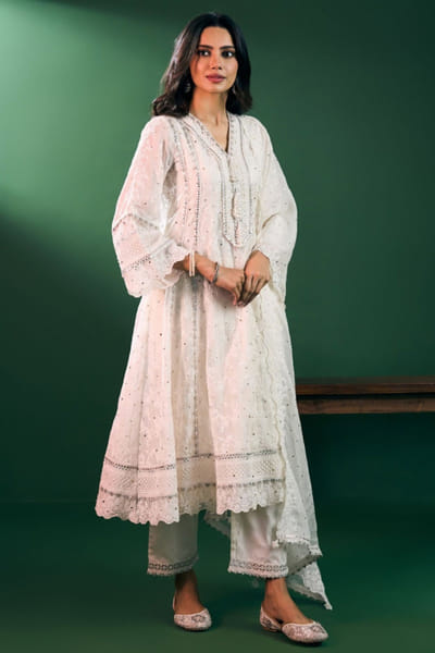 Off white embroidered anarkali set