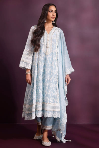 Blue embroidered anarkali set
