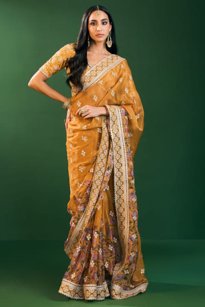 Mustard printed organza sari