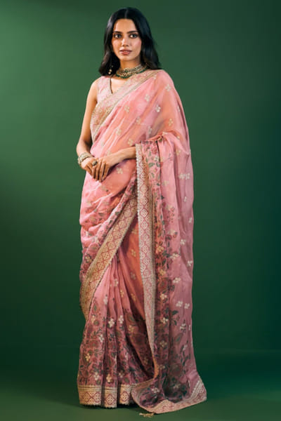 Pink printed organza sari