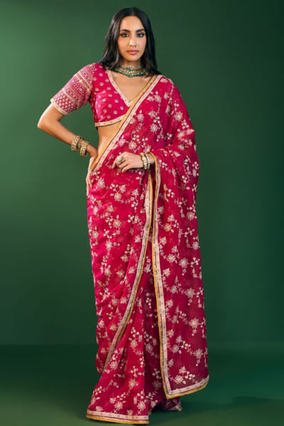 Mulmul Fuchsia embroidered organza sari MULDEC25D134939