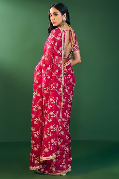 Mulmul Fuchsia embroidered organza sari MULDEC25D134939