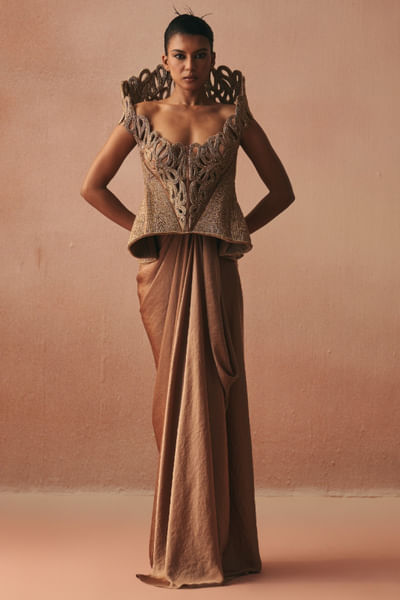 Gold 3D corded corset and godet skirt