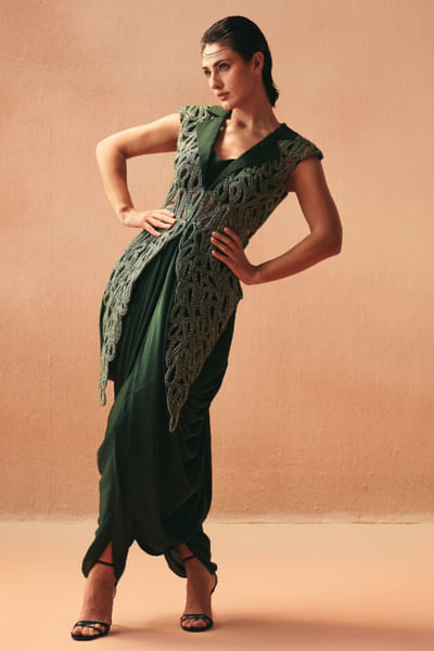 Green embroidered jacket set